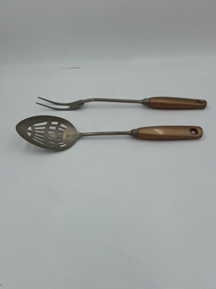 Vintage EKCO Slotted Spoon and Serving Fork Gold Plastic Handle