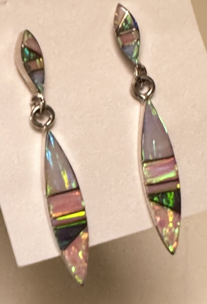 Sterling Silver Opal Inlay Dangle Earrings, Native American