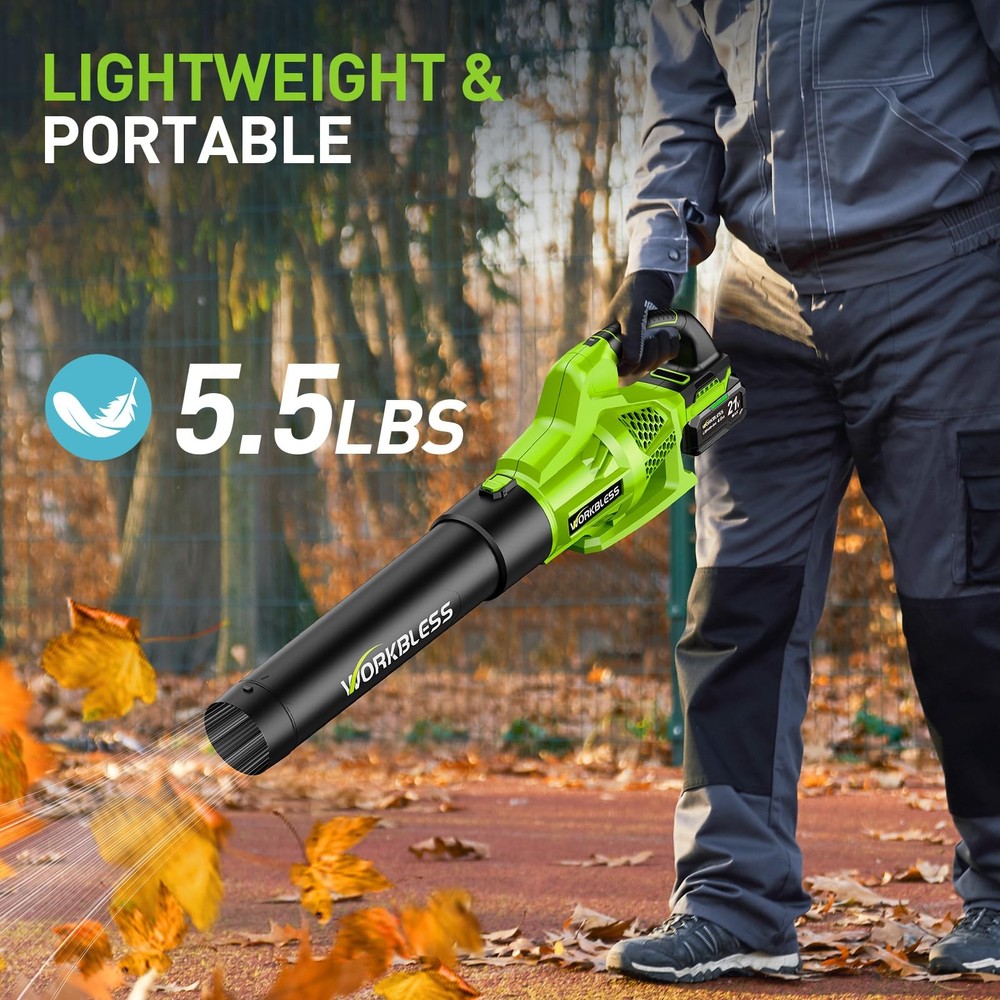 WorkBless Leaf Blower Cordless, 21V Electric with 2 x 4.0Ah Green