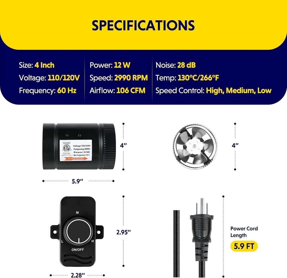 iPower Inline Duct Fan Booster with Variable Speed Control