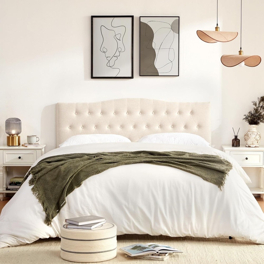 Queen Headboard Tufted Upholstered Bed Frame Linen Adjustable Height Modern D...