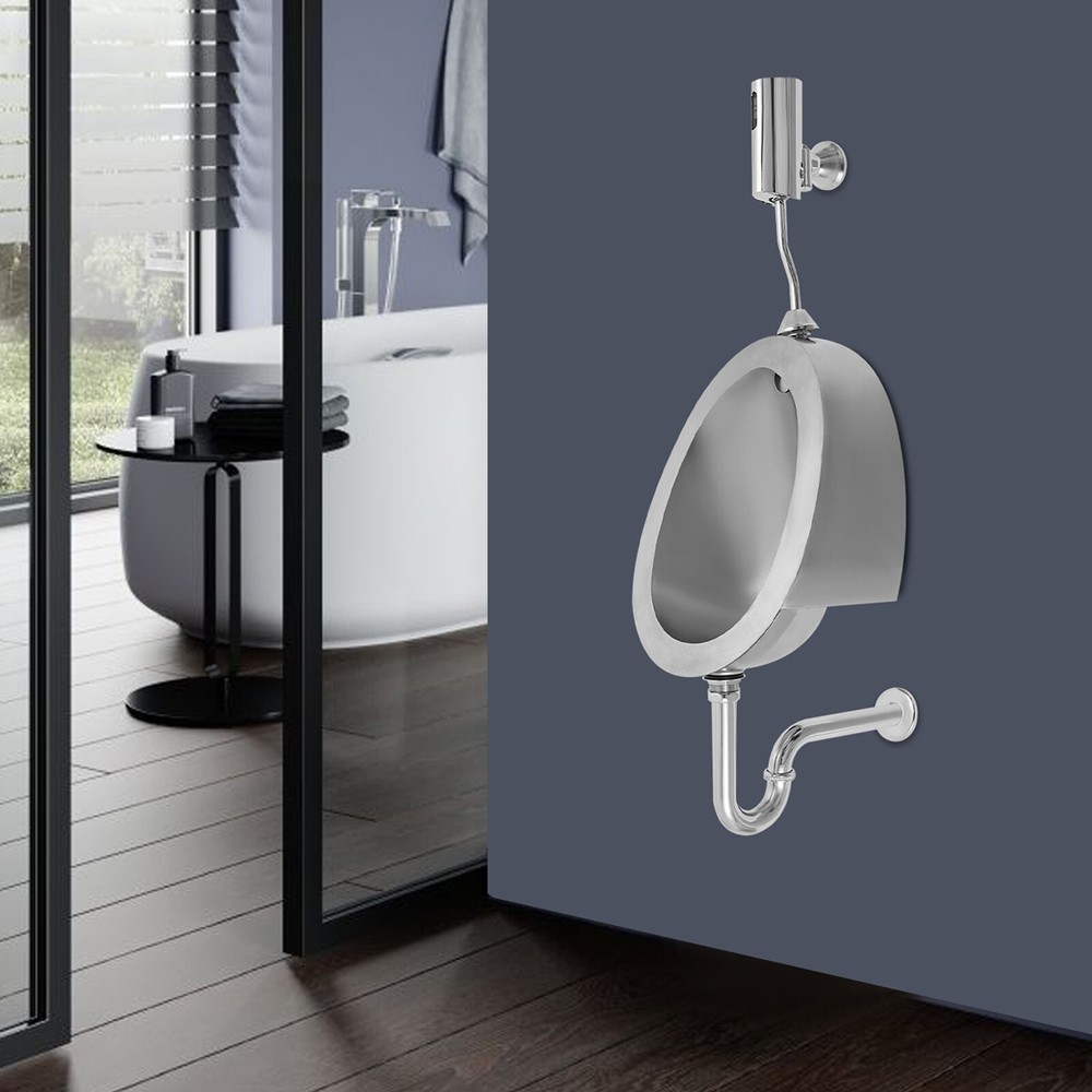 Oval Silver Stainless Steel Wall-Mounted Urinal with Automatic Sensing