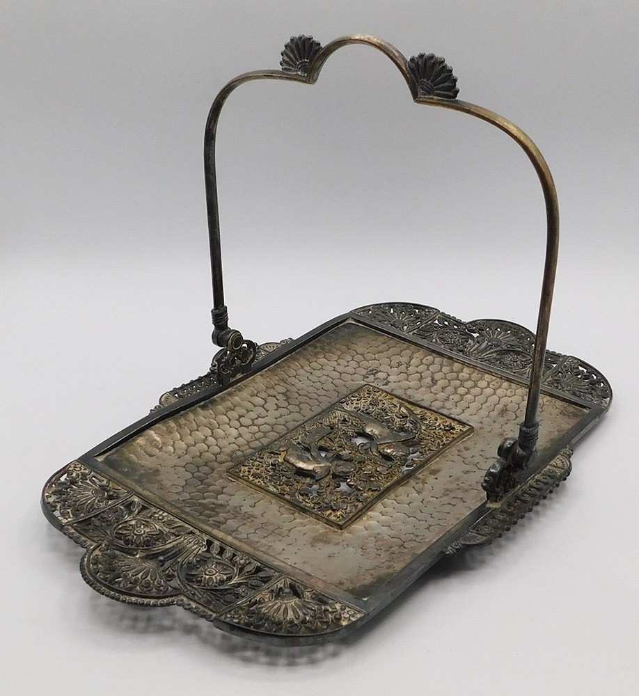 Vintage Large Silver Plated Rectangular Handled Tray w Ornate Cherub Tree Floral