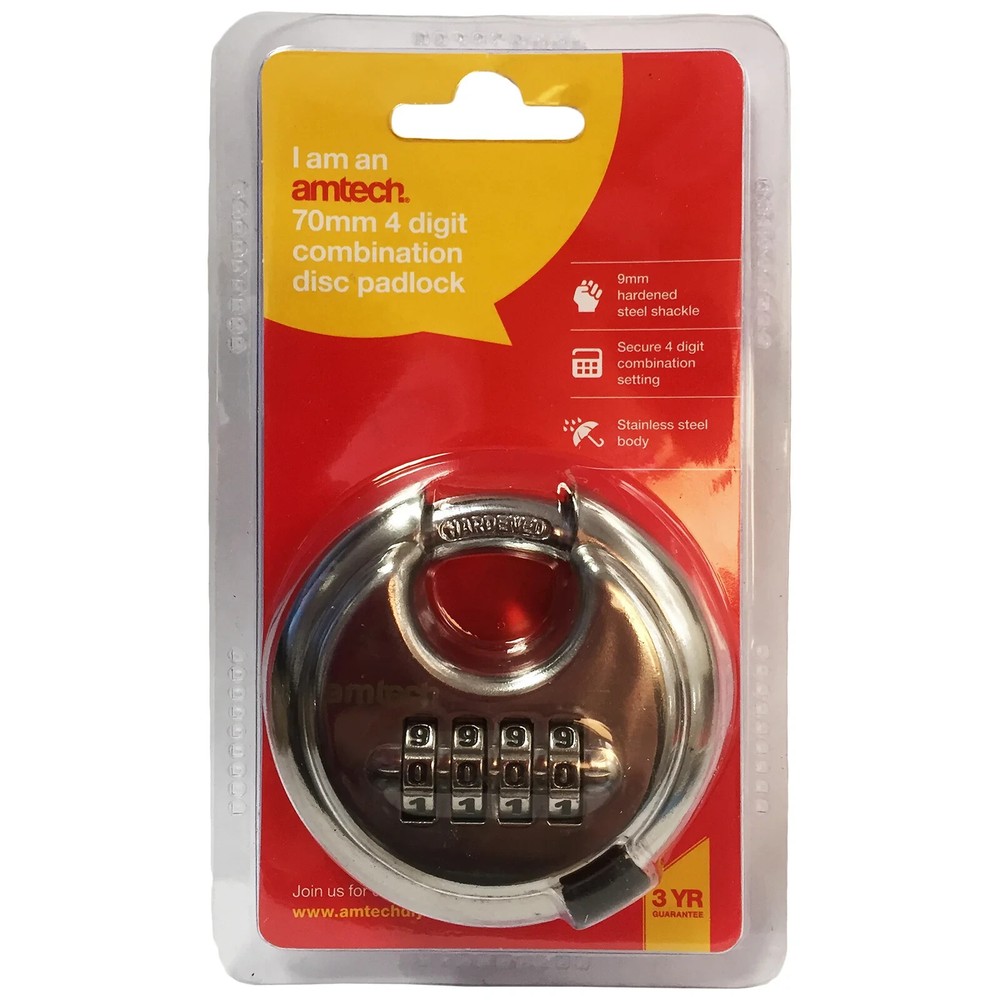 Amtech Heavy Duty 70Mm 4 Digit Combination Disc Padlock Security  Hardened