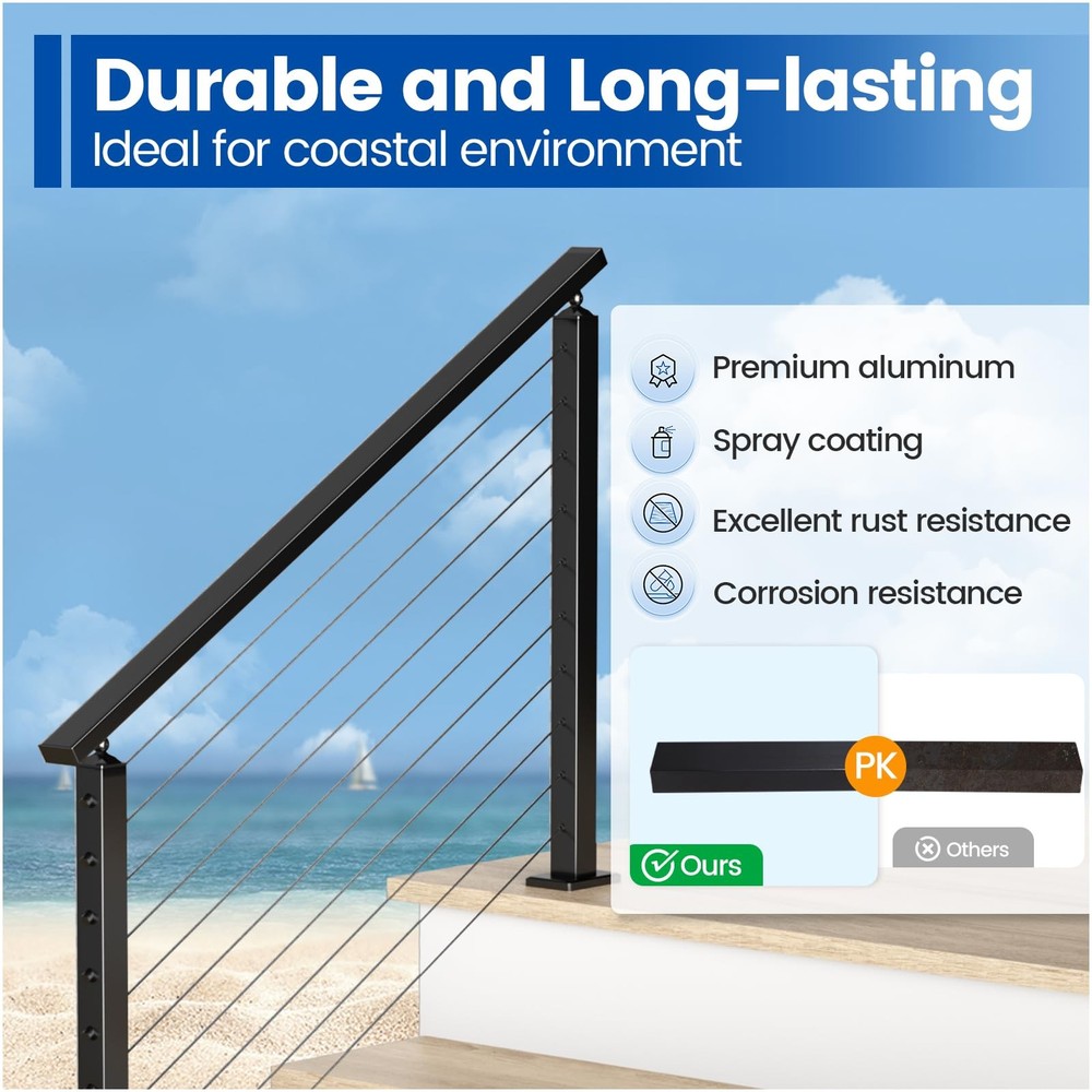 6'6" Aluminum Black Cable Railing Handrail Rectangular Handrail for Cable Rai...