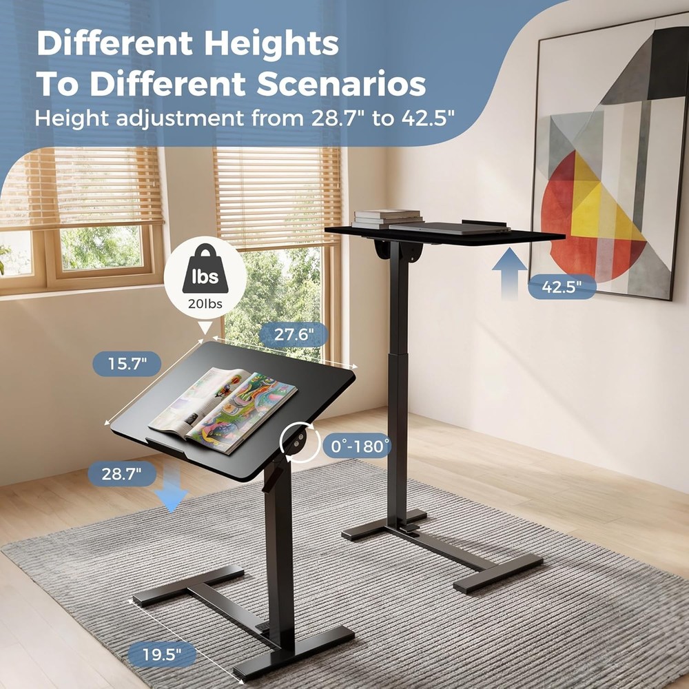 Adjustable Overbed Bedside Table W/ Hidden Wheels Mobile Standing Desk