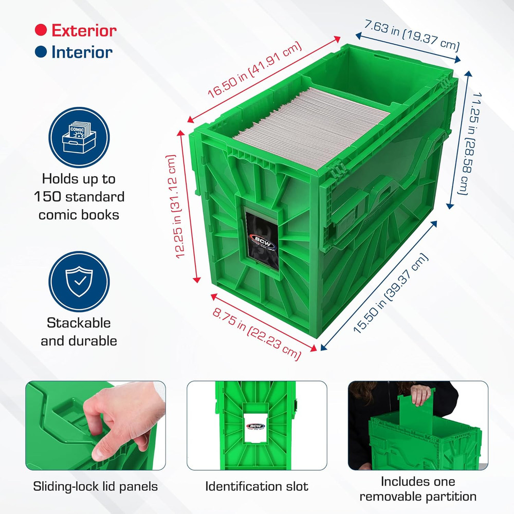 Comic Book Bin - Holds 150 Comics, Stackable, Acid-Free, Green, 2 Pack