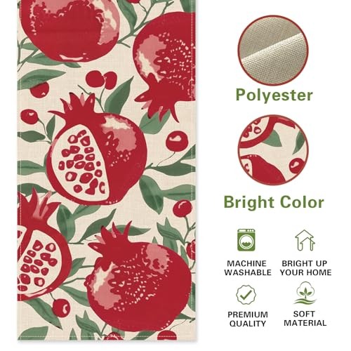 Red Pomegranate Pattern Dining Table Runner, Fruit Green Leaves Burlap Kitchen