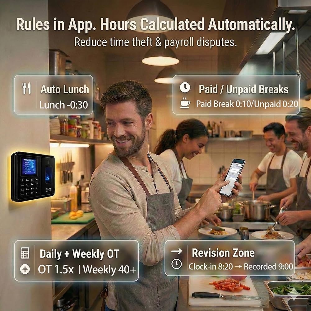 Time Clock System: App Control & 5s Fast Connection, Customizable Rules & 4 Payr
