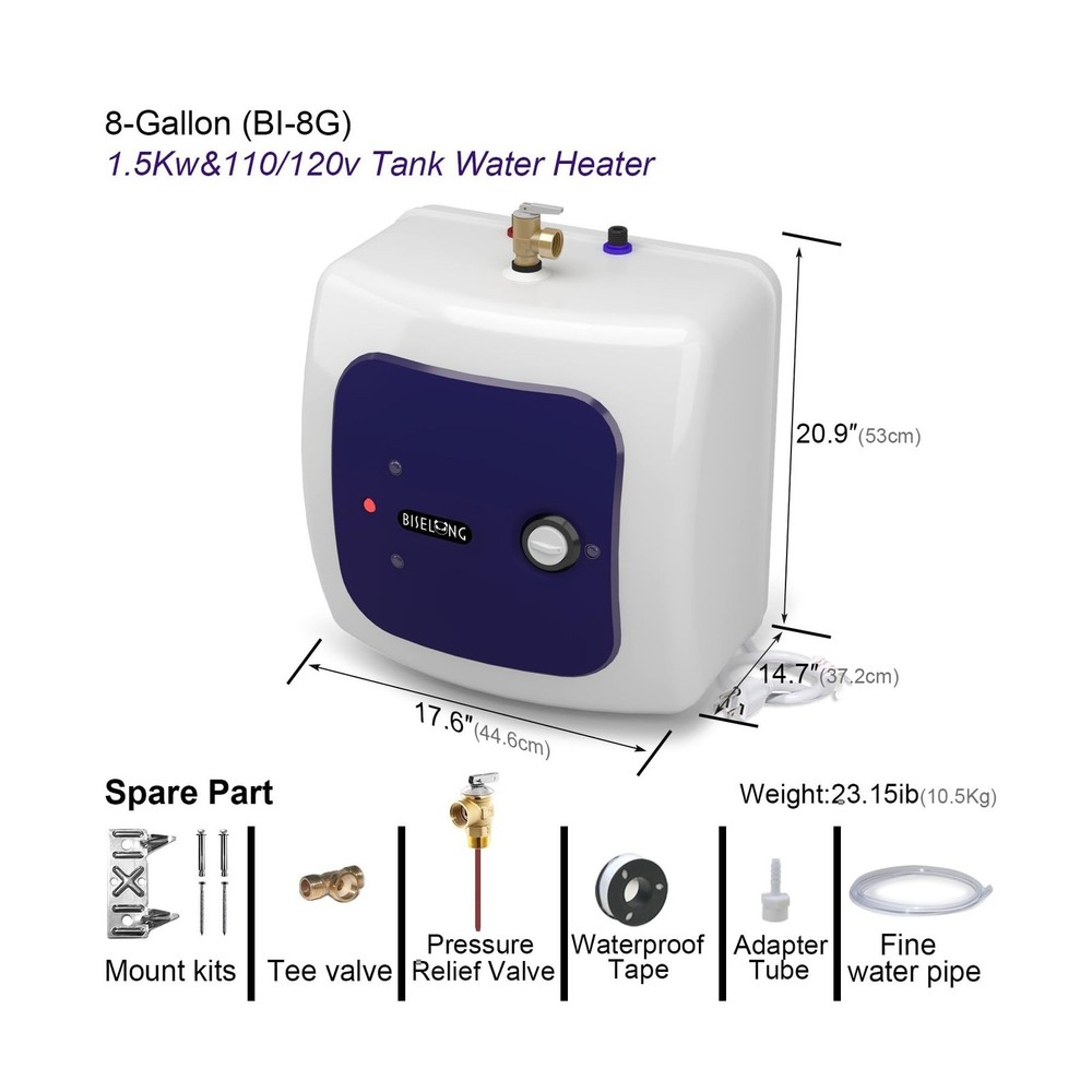 110V-120V 1500W Small Electric Under Sink Tank 8 Gallon Hot Water Heater Stor...