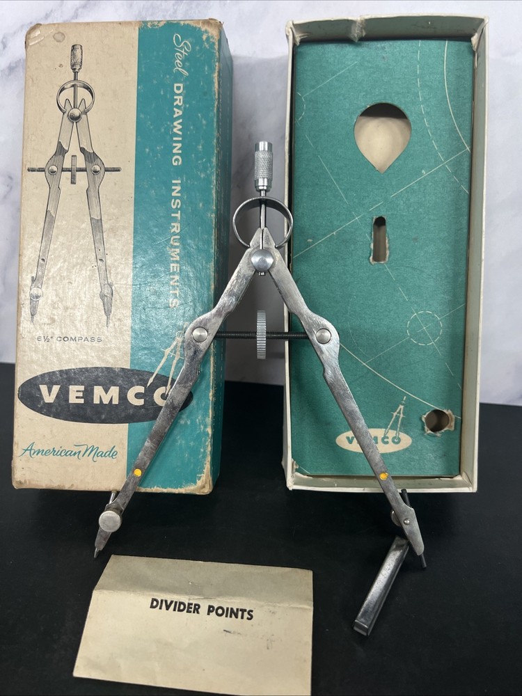 Vemco Pasadena SC-110 6 1/2" Steel Engineering Drafting Compass W/ Box & Divider