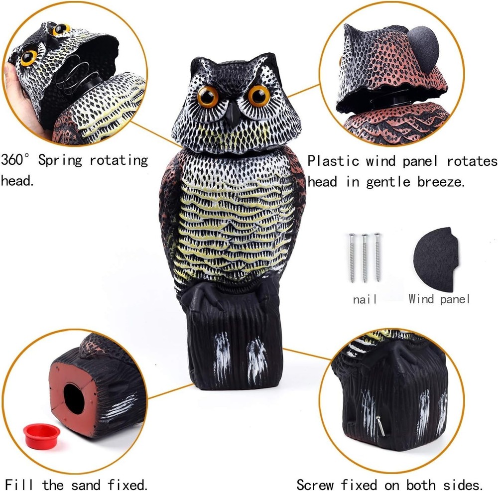Rotating Head Owl Deterrent with Waterproof Design