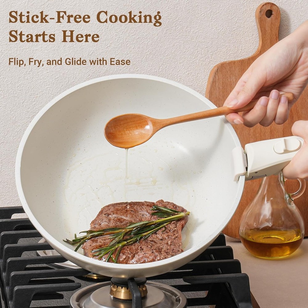 15PC Nonstick Cookware Set Detachable Handle RV Induction Stackable White