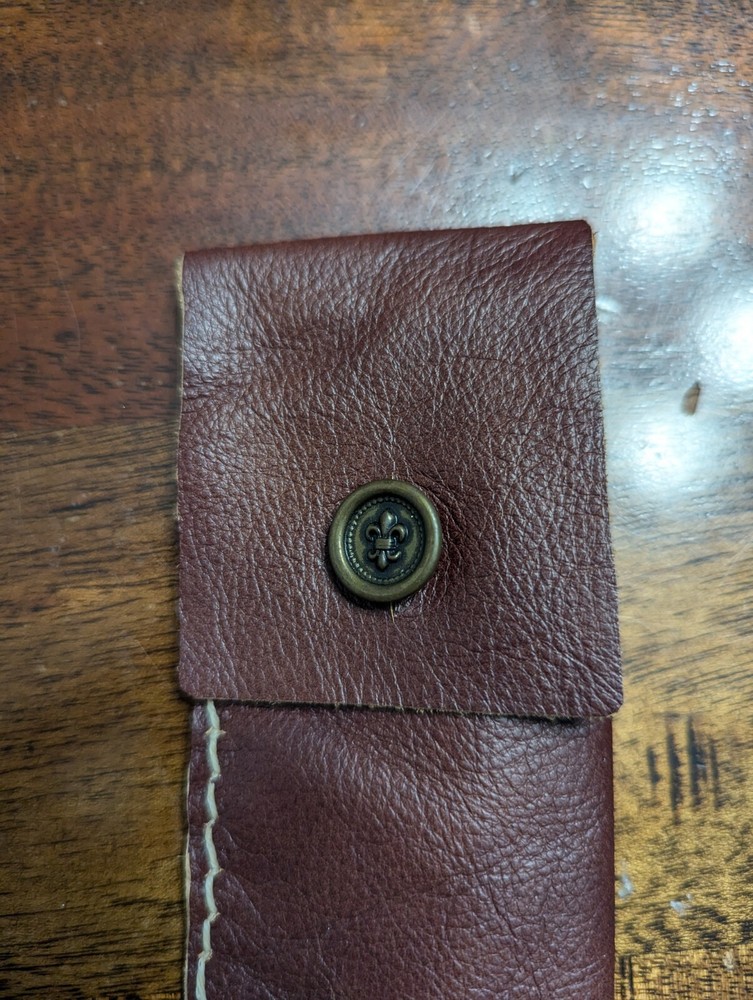Handmade Brown Thin Leather Pen Bag With Fleur-De-Lis Button