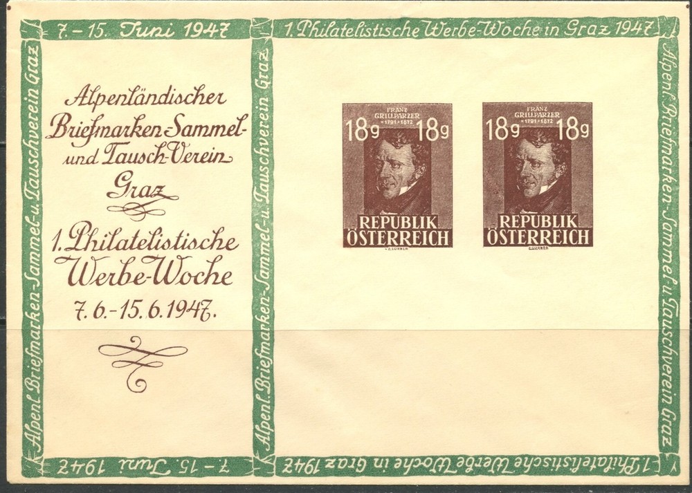 AUSTRIA Envelope like Sc#490 1947 Grillparzer Stamp Week Cachet Unused