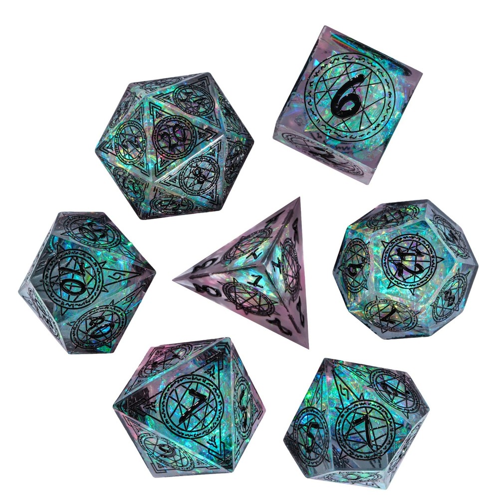 Cusdie 7-Die Sharp Edges DND Dice Set, Magic Circle Pattern Polyhedral D&D Dice