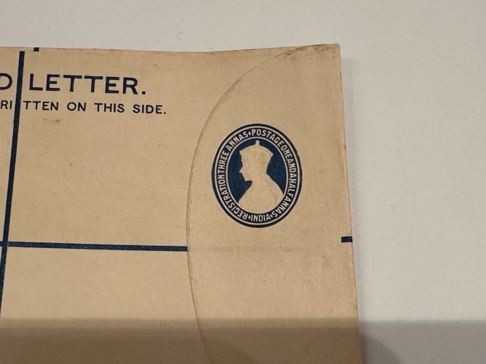 Registered Letter India Embossed Three Annas One And A Half Postage Envelope New