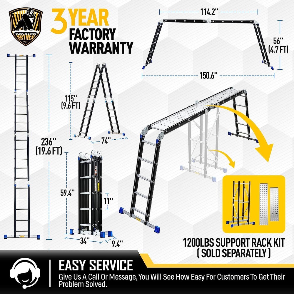 Folding Ladder 19.6ft Aluminium Extension Ladders 7-1 Folding Adjustable