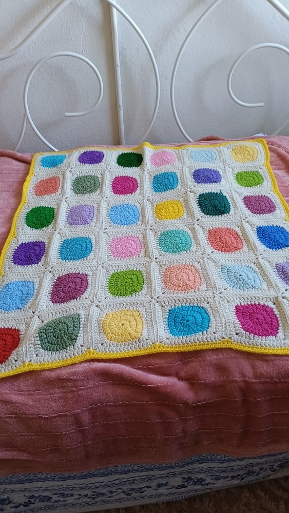 Handmade Crocheted Afghan Granny Square Cream Multicolor Yellow Border