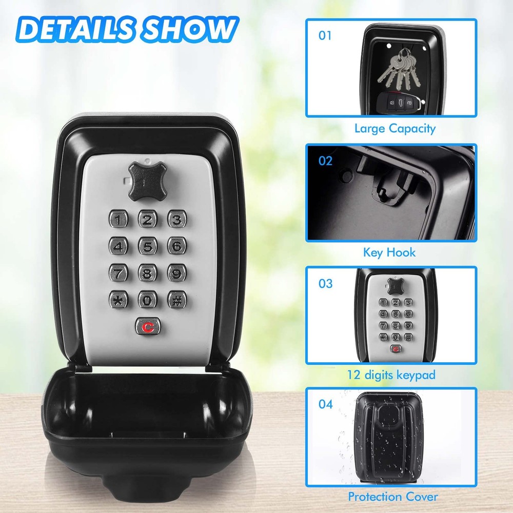 Key Lock Box, Wall Mounted Key Storage Box with 12Digit Keyboard Combination,...
