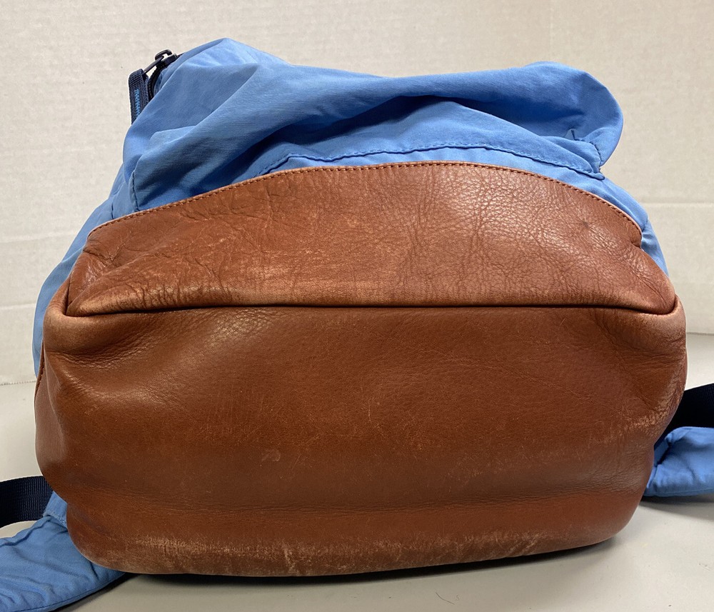 BURTON DAY PACK BACKPACK LIGHT BLUE BROWN LEATHER BOTTOM ADJUSTABLE VGC