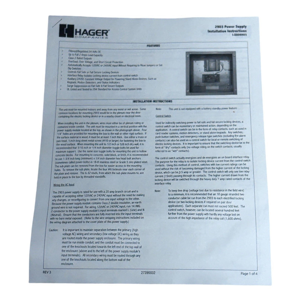 Hager 2903 24V 2 AMP Constant Power Supply For Fail Safe/Secure Locking Device