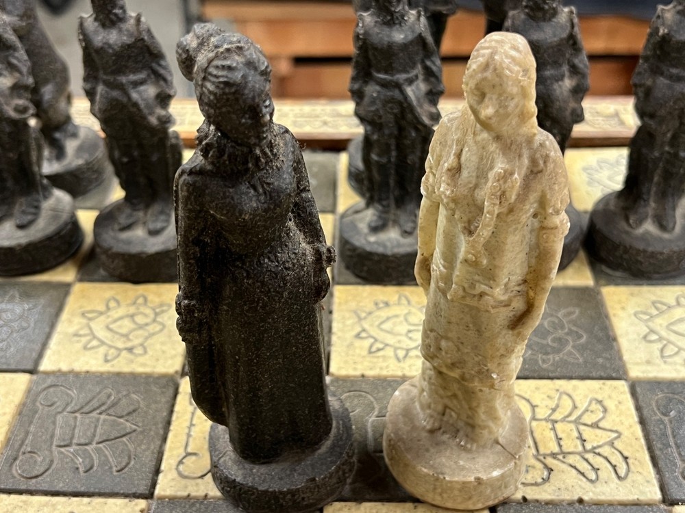Vintage Mayans Vs Spanish Conquistadors Chess Set w/ Drawers--Large Sized