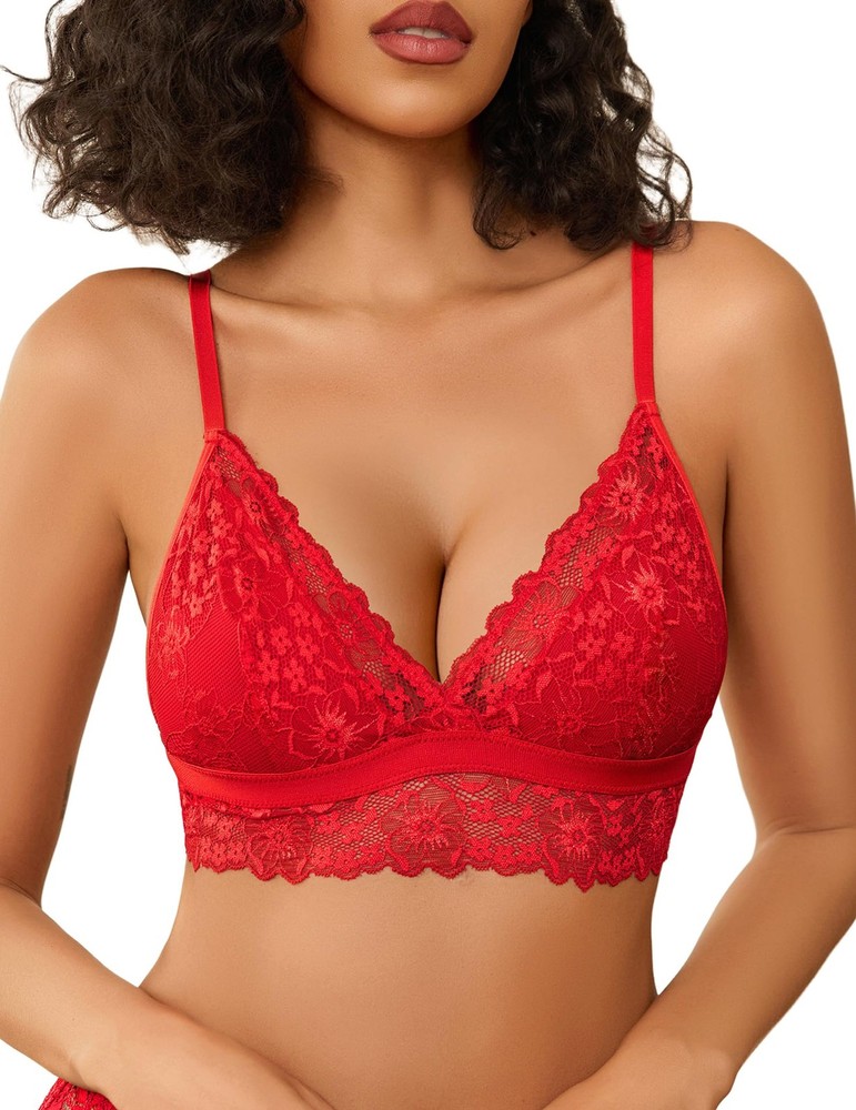 Avidlove Deep V Lace Minimizer Bralette Soft Wireless Adjustable Red L