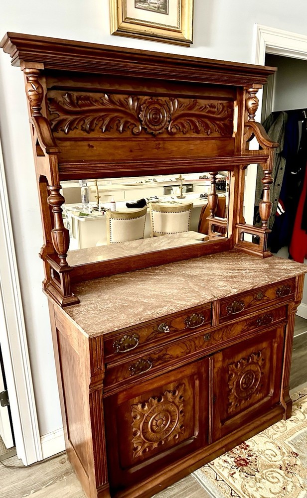 Antique Sideboard Victorian Burl Walnut Marble Top Buffet