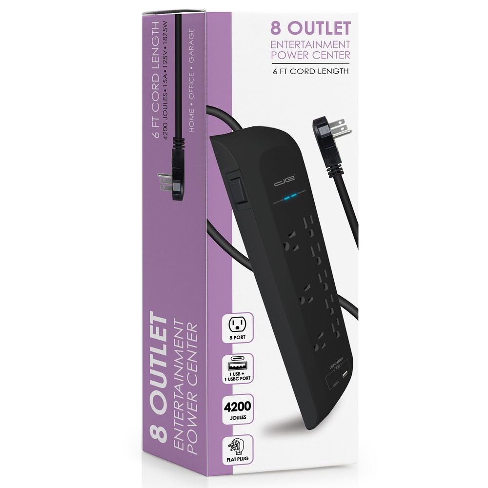Surge Protector with USB-C, 8 Outlet, 6 FT, Black