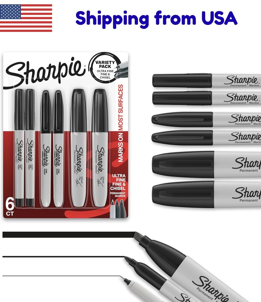 Sharpie Permanent Markers Variety Pack - Fine, Ultra Fine, Chisel Tips - 6 Black