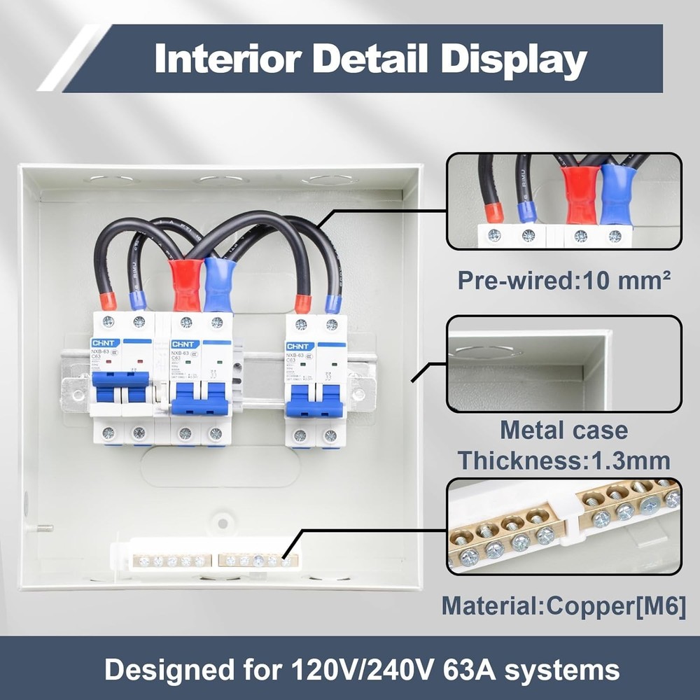 Prewired 63 Amp Manual Transfer Switch with 3 Circuit Breakers & Safety Features