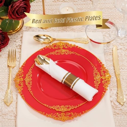 350PCS Plastic Plates - Gold Plastic Dinnerware Sets for 50 Guests - 100 Red