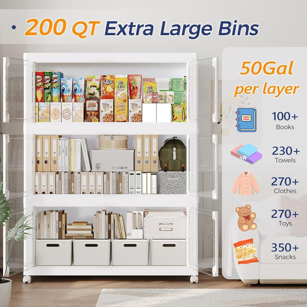150GAL Large Stackable Storage Bins with Lid and Wheels, 600Qt Collapsible Organ