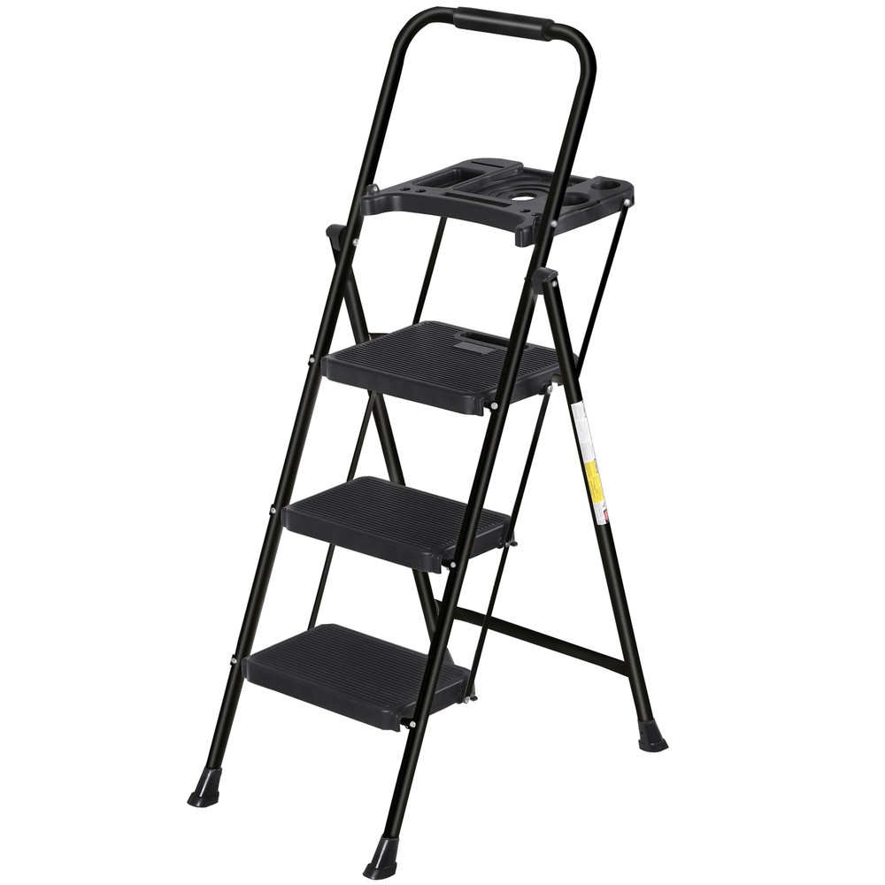 Step Ladder Sturdy 4 Step Ladder with Tool Platform Multipurpose Home Black