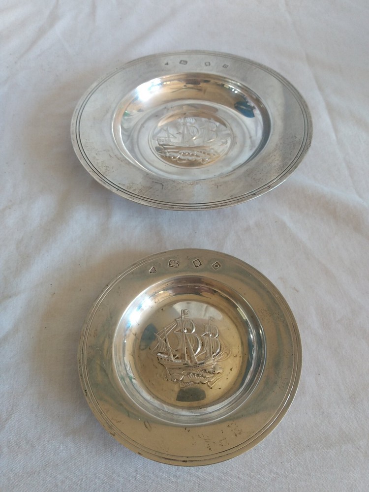 Vintage Garrard Set Solid Silver Armada Dish Central Sailing Ship 273 gm.