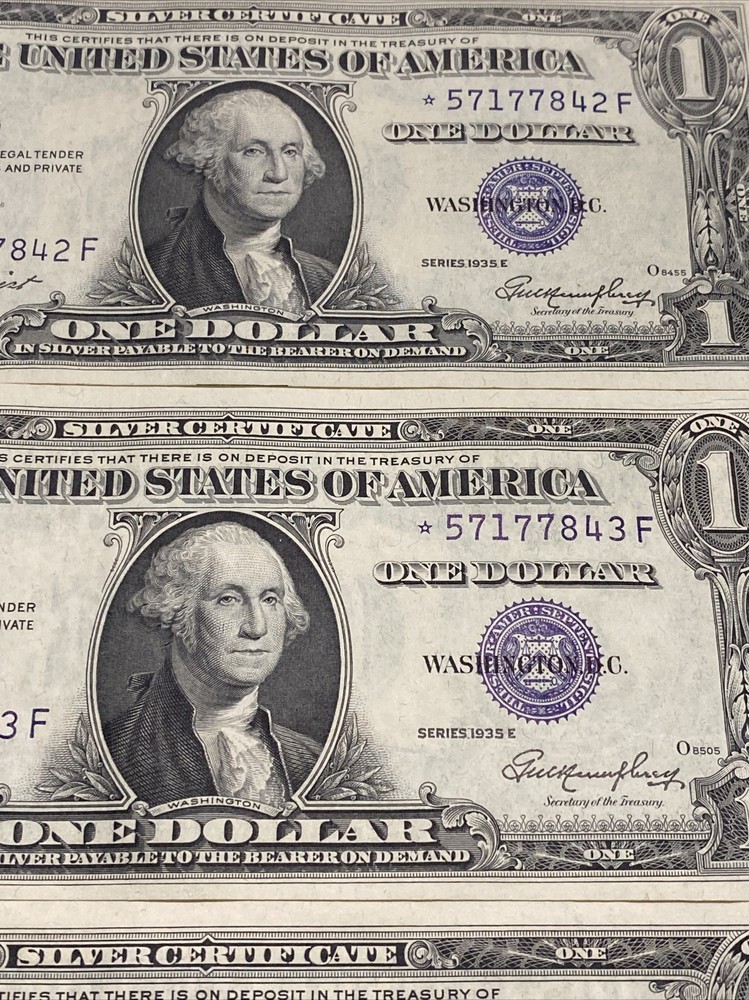 3 consecutive Error 1935E Misaligned Star* $1 Silver Certificate UNC！TOP RARE！