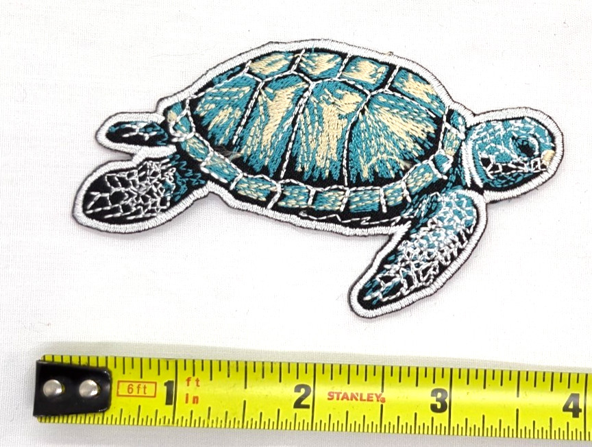 Blue Sea Turtle Iron On Embroidered Patch 3 3/4"x2"