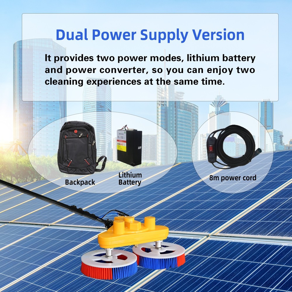 Dual Power Solar Panel Cleaner – Brush & Pole Set ,Use Battery or AC