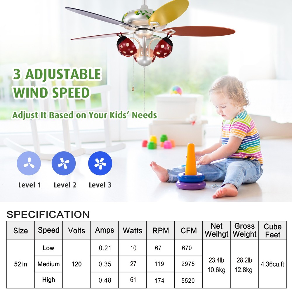52" Ceiling Fan w/Light Kids Fan Light w/Pull Chain Control Beetle Multicolor