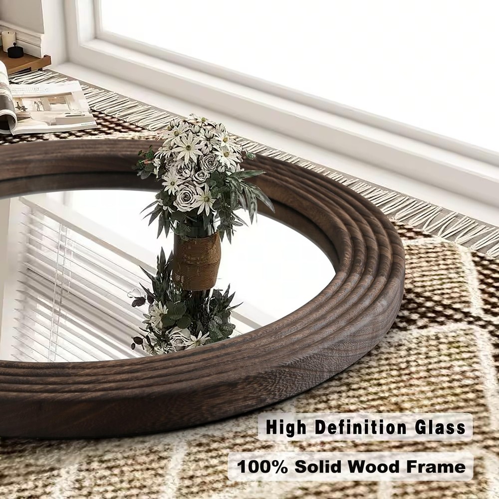 Round Mirror, Farmhouse Decor Solid Wood Frame Wall Circle Mirror, Decorative...