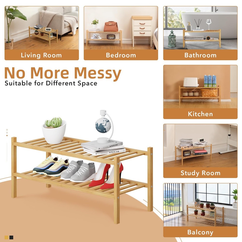 2 Tier Bamboo Shoe Rack Storage Organizer for Closet, Multifunctional Stackab...