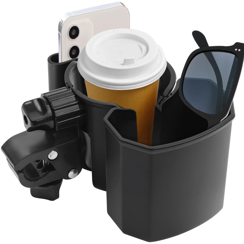 Universal Stroller Cup Holder & Phone Holder, 360° Rotatable Clip, Large Storage