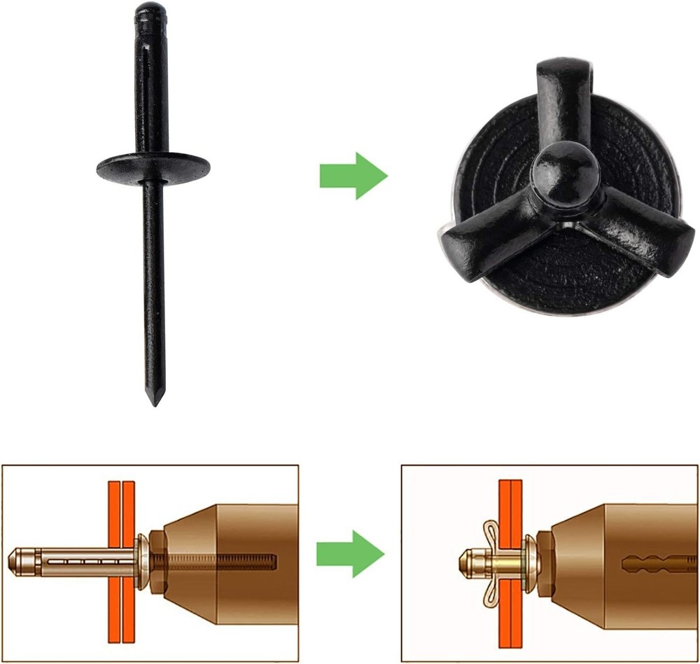 50pcs 3/16" x 4/5" Large Head Tri-Fold Exploding Aluminum Pop Rivets (Black)