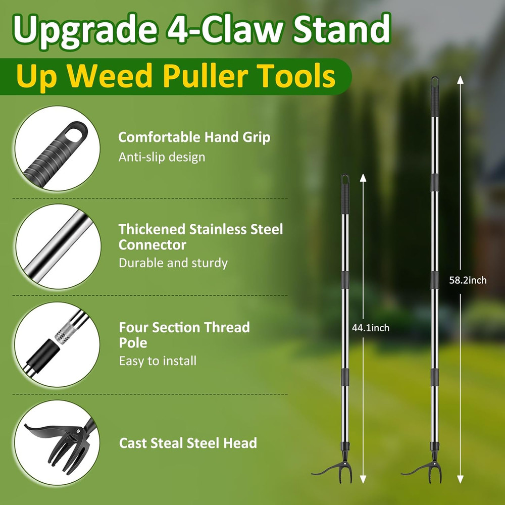 Weed Puller Tool, Stand Up Weed Remover Tool with Long Handle, 4 Claw Steel Head