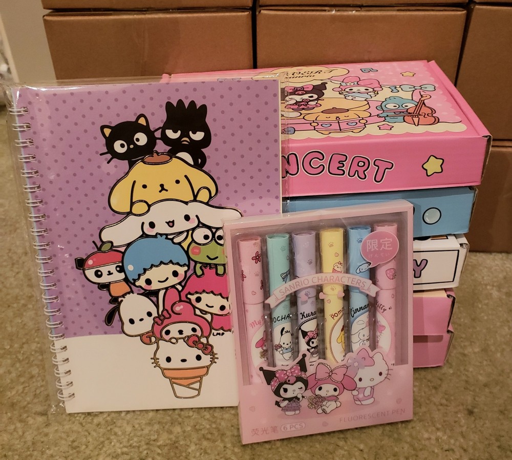 Sanrio Bundle Notebook, Highlighter Set, And One Random Blind Box w/ 10+ Items