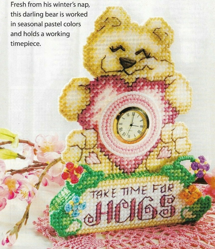 BEAR HUGS CLOCK HOME DECOR PLASTIC CANVAS PATTERN INSTRUCTIONS