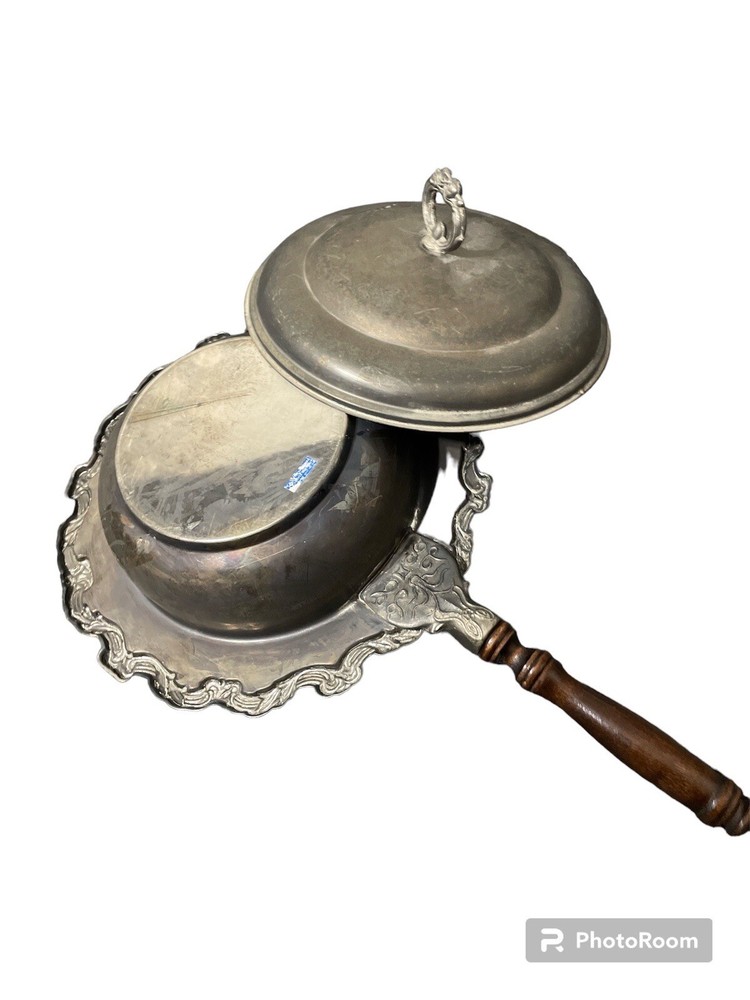Rogers Silver Plate Warming Chafing Dish Wood Handle Large 13" Diameter Scrolls