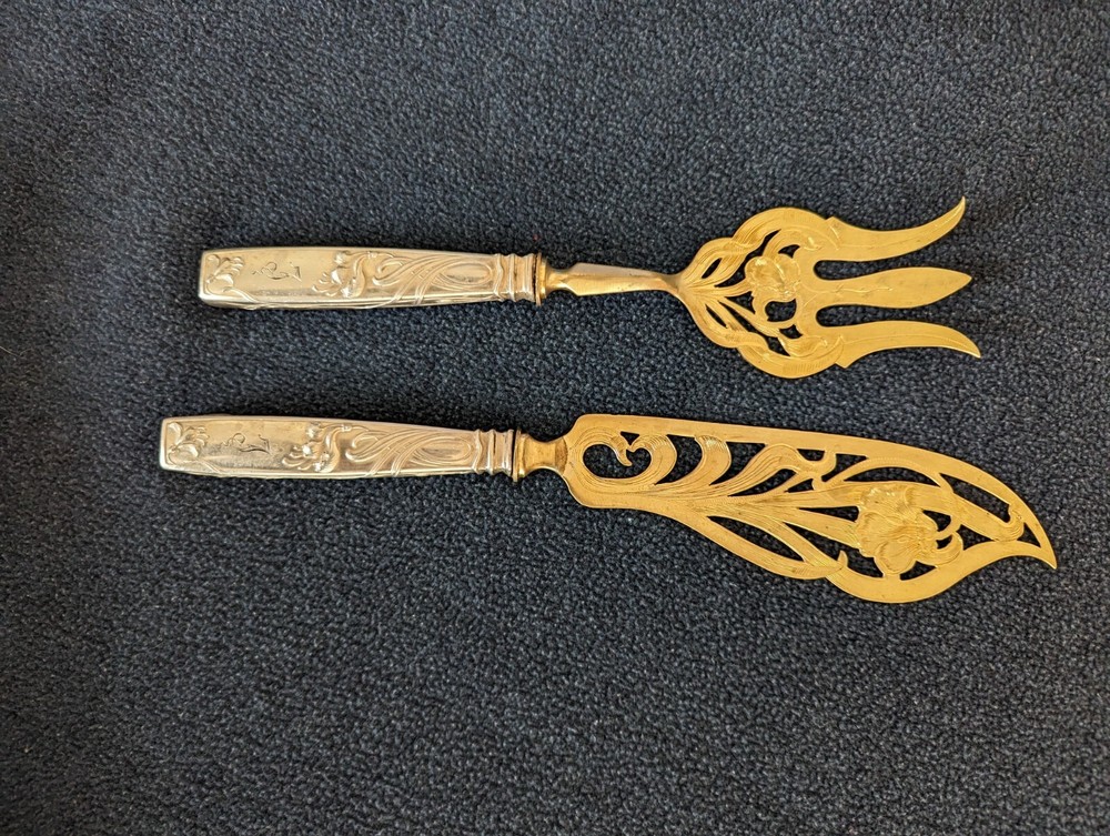 Antique 800 silverware wedding cake knife and fork set