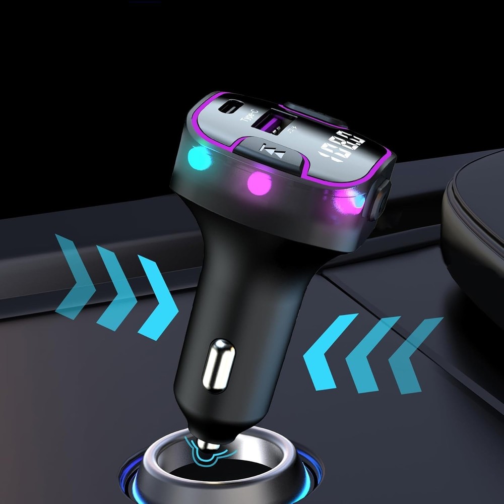 Bluetooth 5.3 Fast Charging Car Adapter with FM Transmitter & Colorful Lights